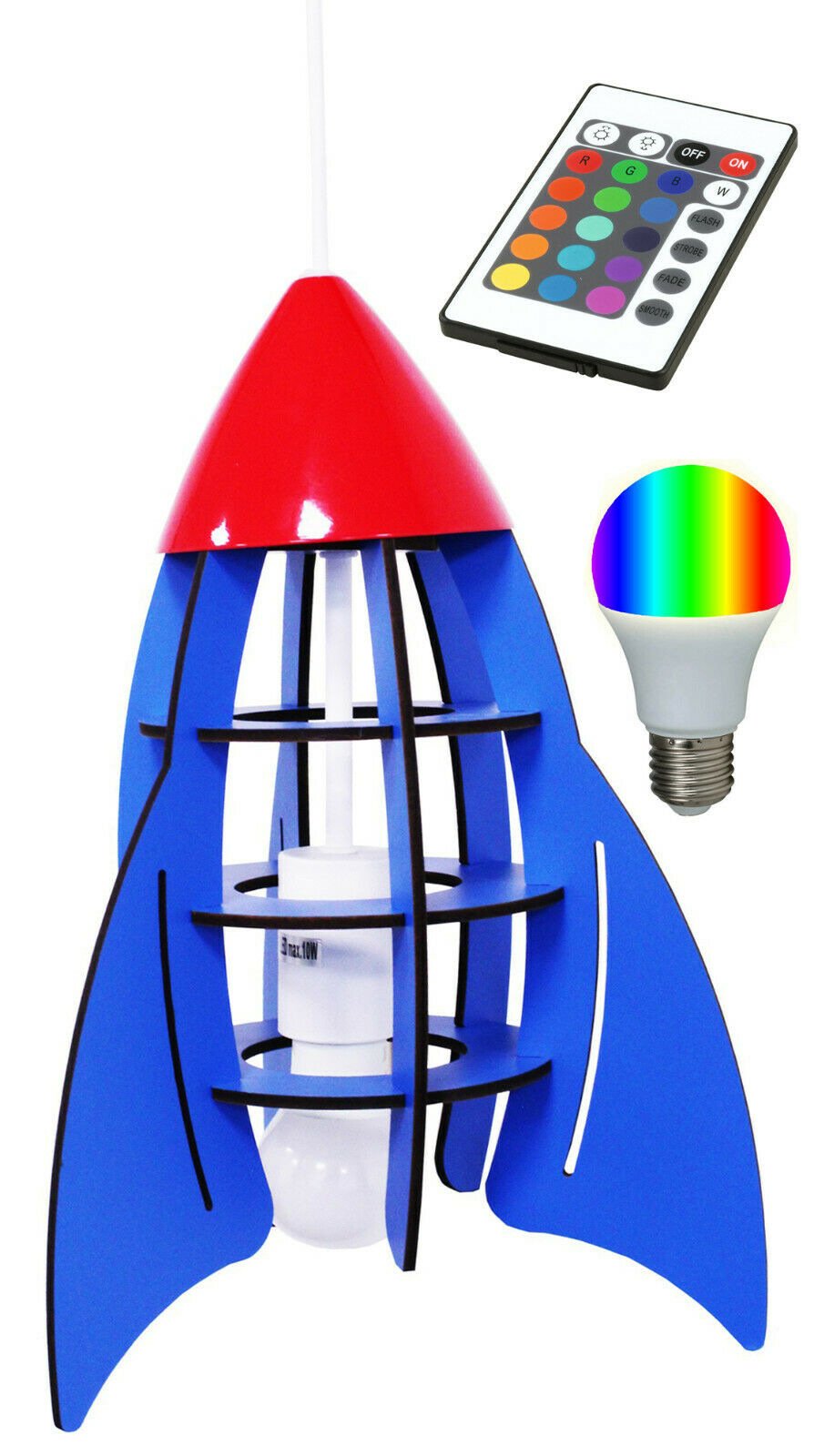 INSATECH LED Hängeleuchte Rakete blau MDF 1x E27 inkl RGB LED Lampe 7,5 Watt
